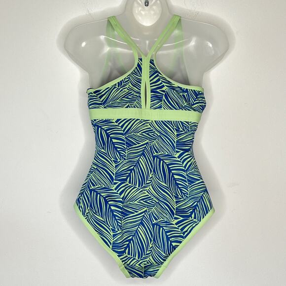 L.L.Bean Swimsuit Womens 6 Blue Green One Piece Leaf Print Built in Bra UPF 50+ - Picture 3 of 11
